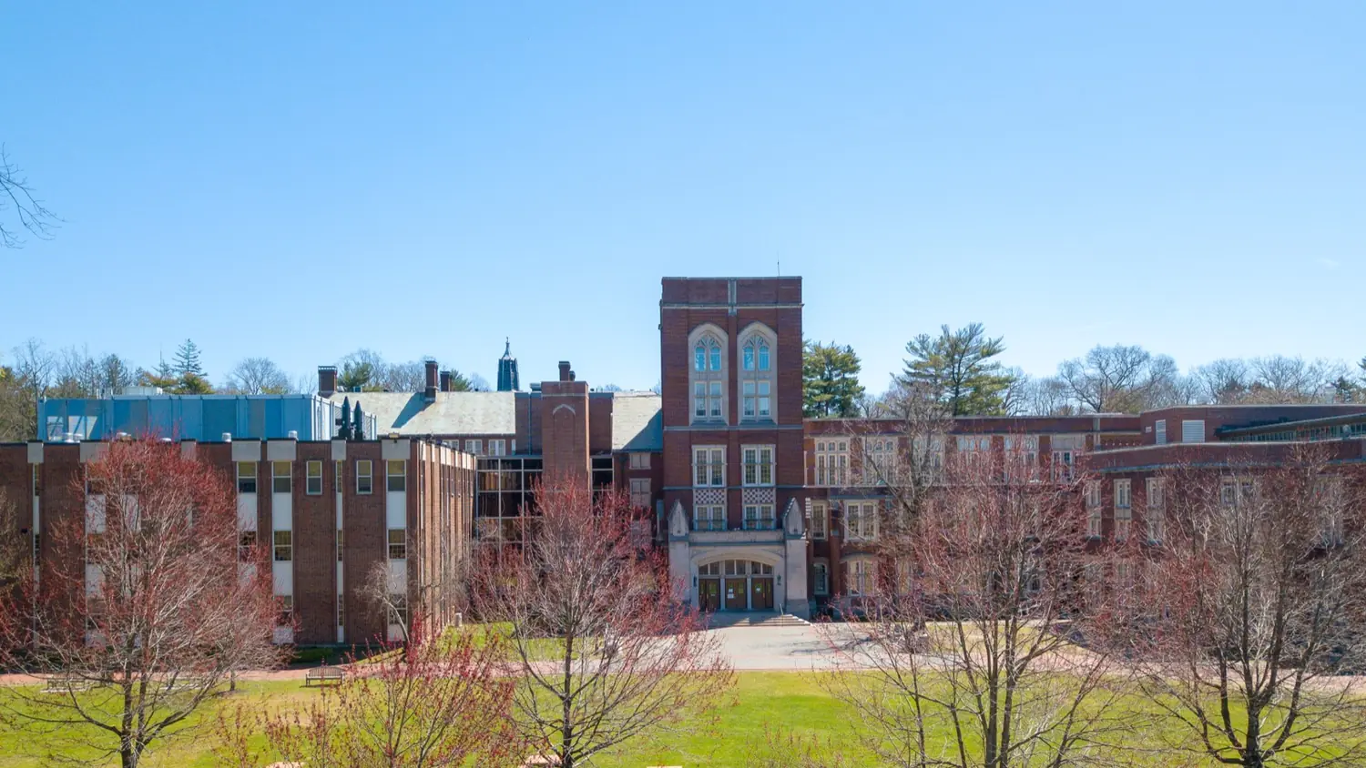 Scarsdale High School's brick tower above the Bronx River